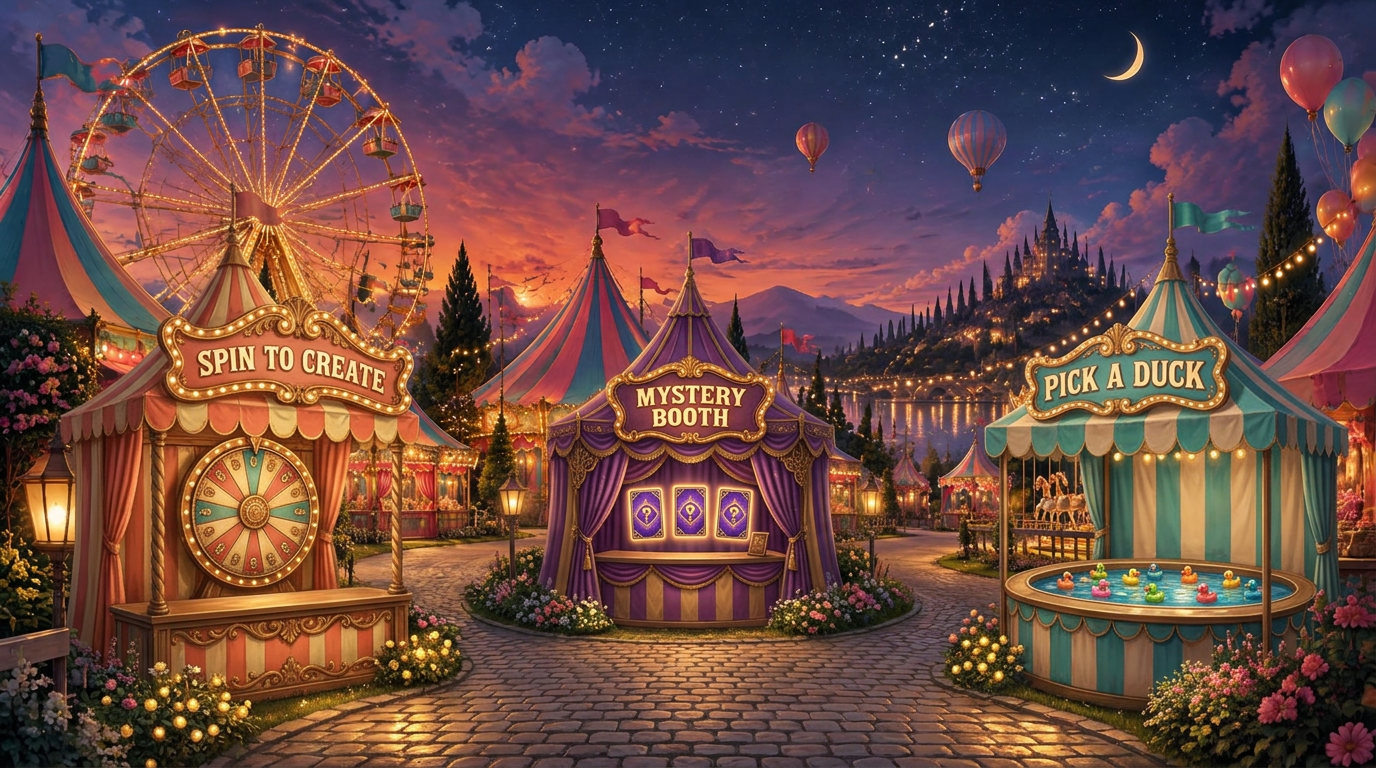 An illuminated Ferris wheel above three ornate carnival booths: a coral prize wheel, purple mystery cards, and a turquoise duck pond, on flower-lined cobblestone paths at sunset
